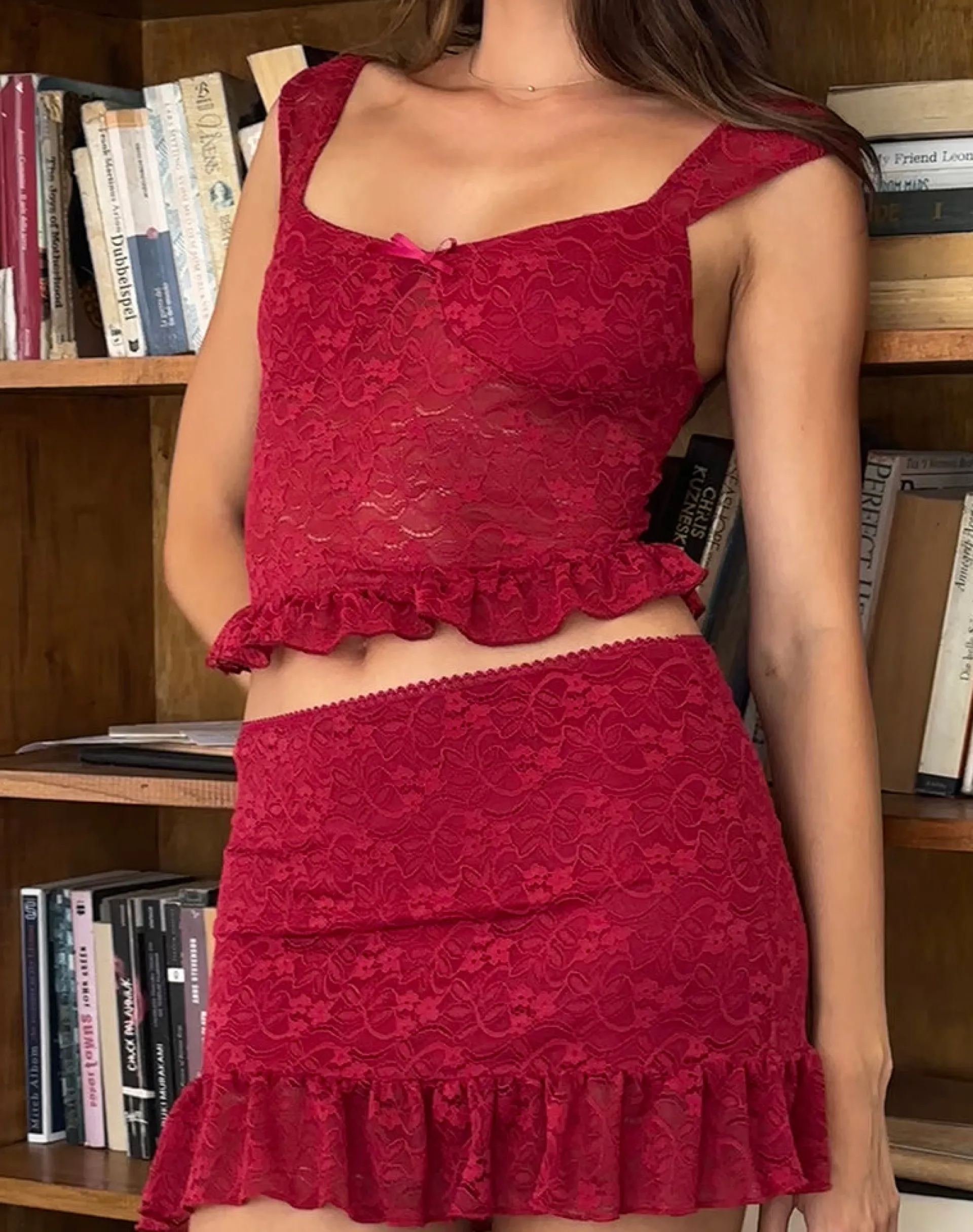 Motel Rocks Co-Ords | Lace Tops-Brietta Cami Top in Deep Red Lace DeepRedLace
