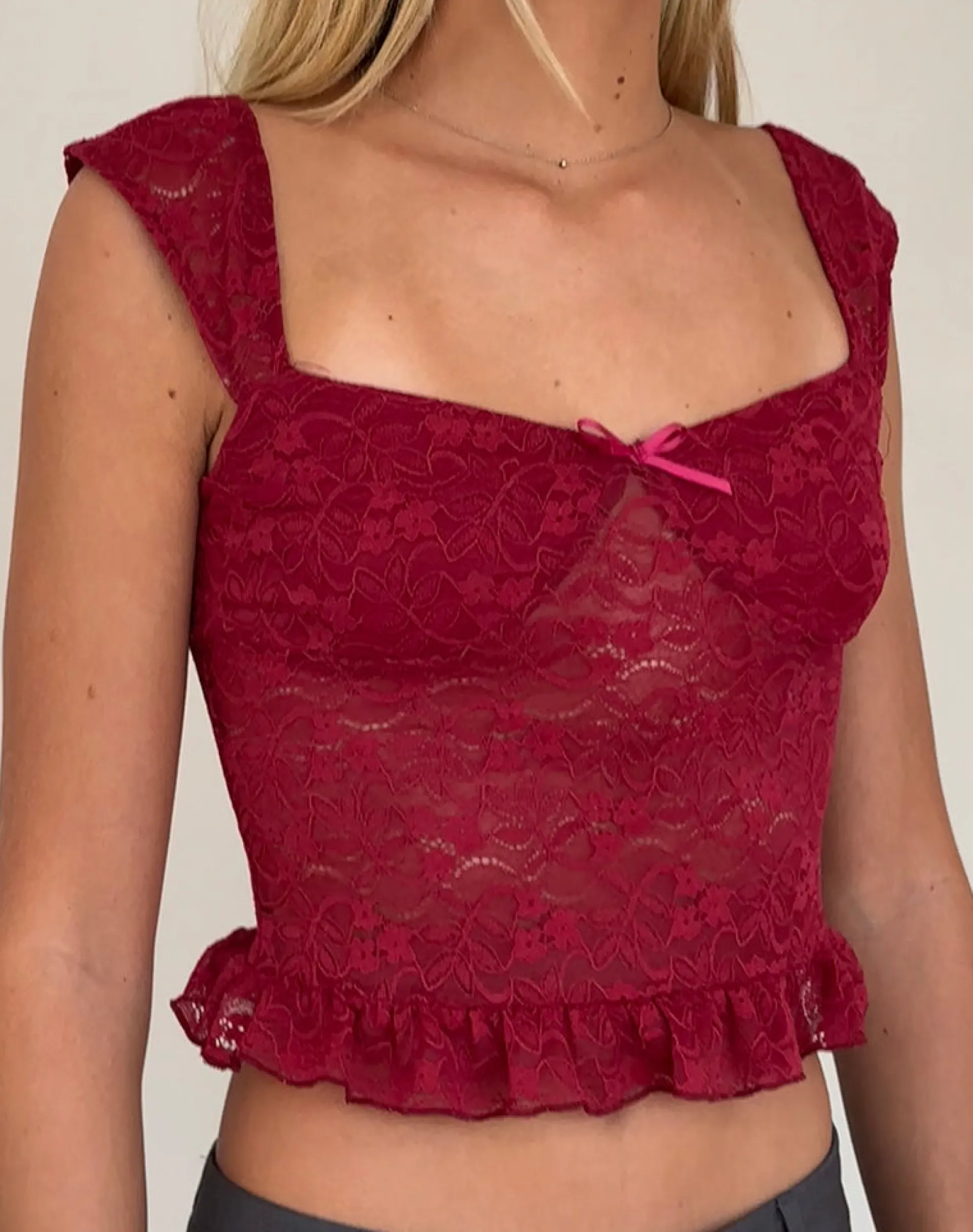 Motel Rocks Co-Ords | Lace Tops-Brietta Cami Top in Deep Red Lace DeepRedLace