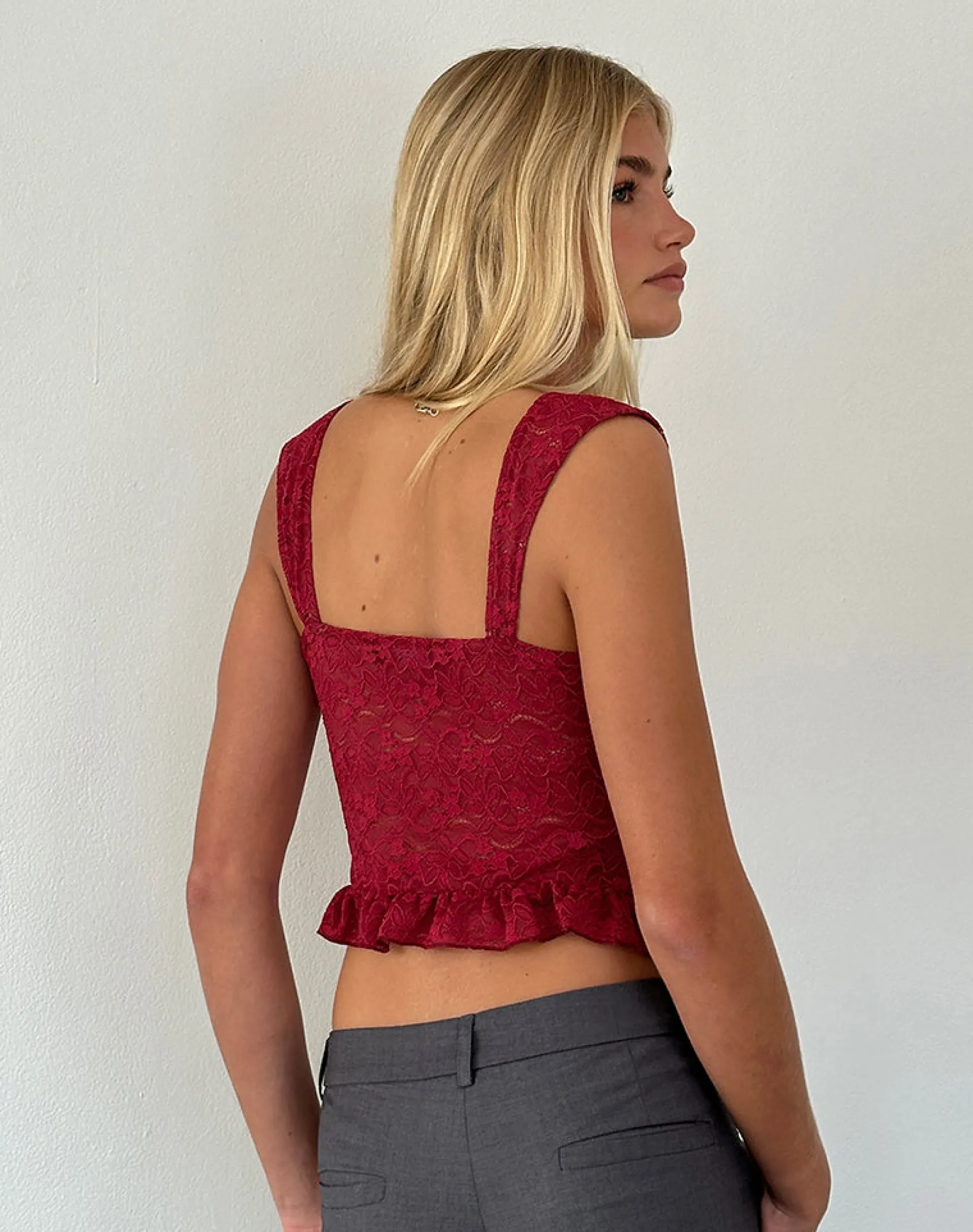 Motel Rocks Co-Ords | Lace Tops-Brietta Cami Top in Deep Red Lace DeepRedLace