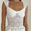Motel Rocks Co-Ords | Strappy Tops-Brietta Cami Top in Lace Ivory LaceIvory