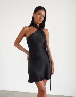 Motel Rocks Little Black Dresses | Party Dresses-Brigid One Shoulder Satin Dress in Black