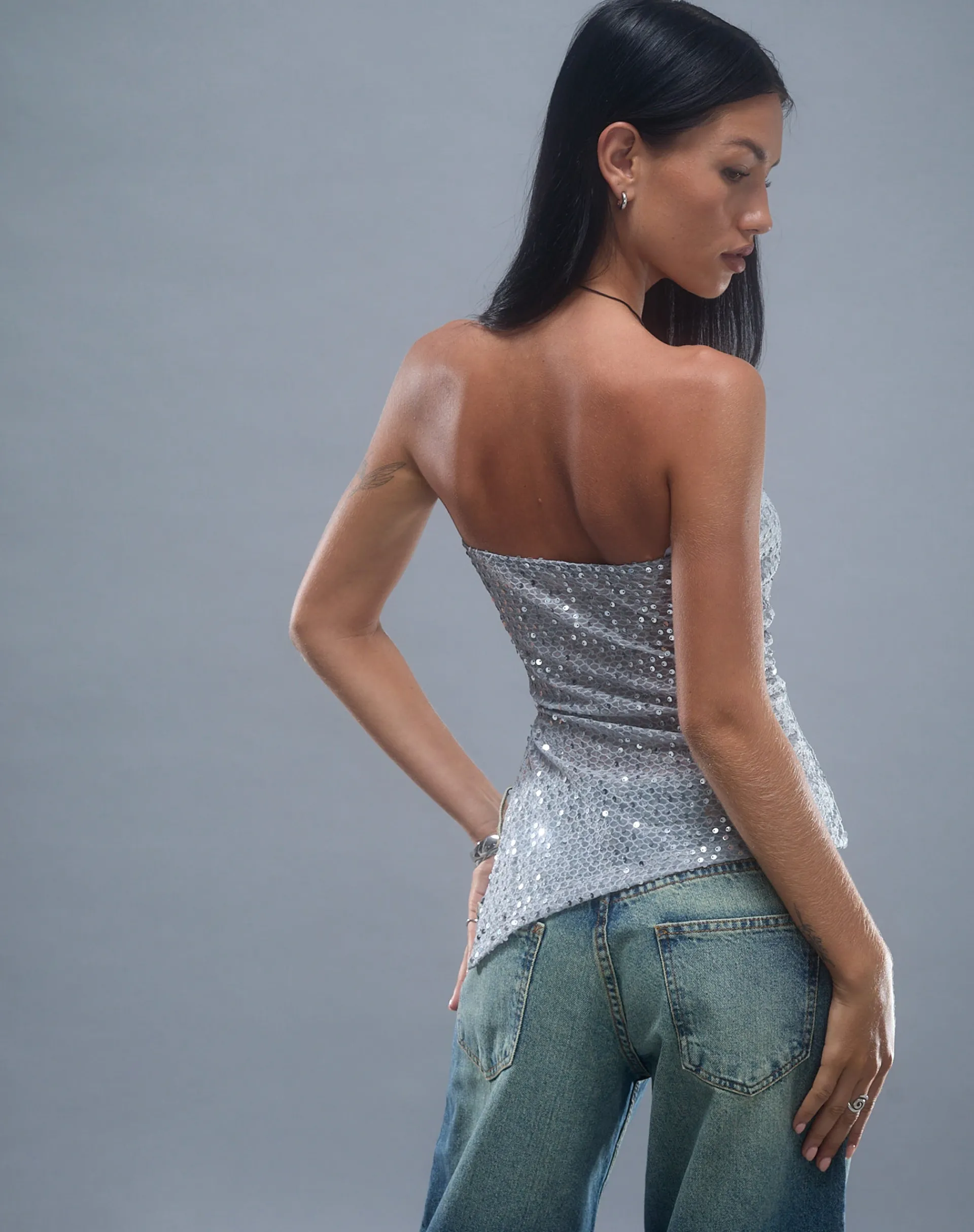 Motel Rocks Bandeau Tops | Sequin Tops-Brilia Bandeau Top in Sequin Knit Silver