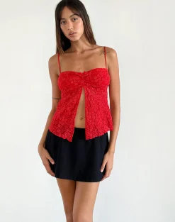 Motel Rocks Strappy Tops | Going Out Tops-Briony Top in Lace Red LaceRed