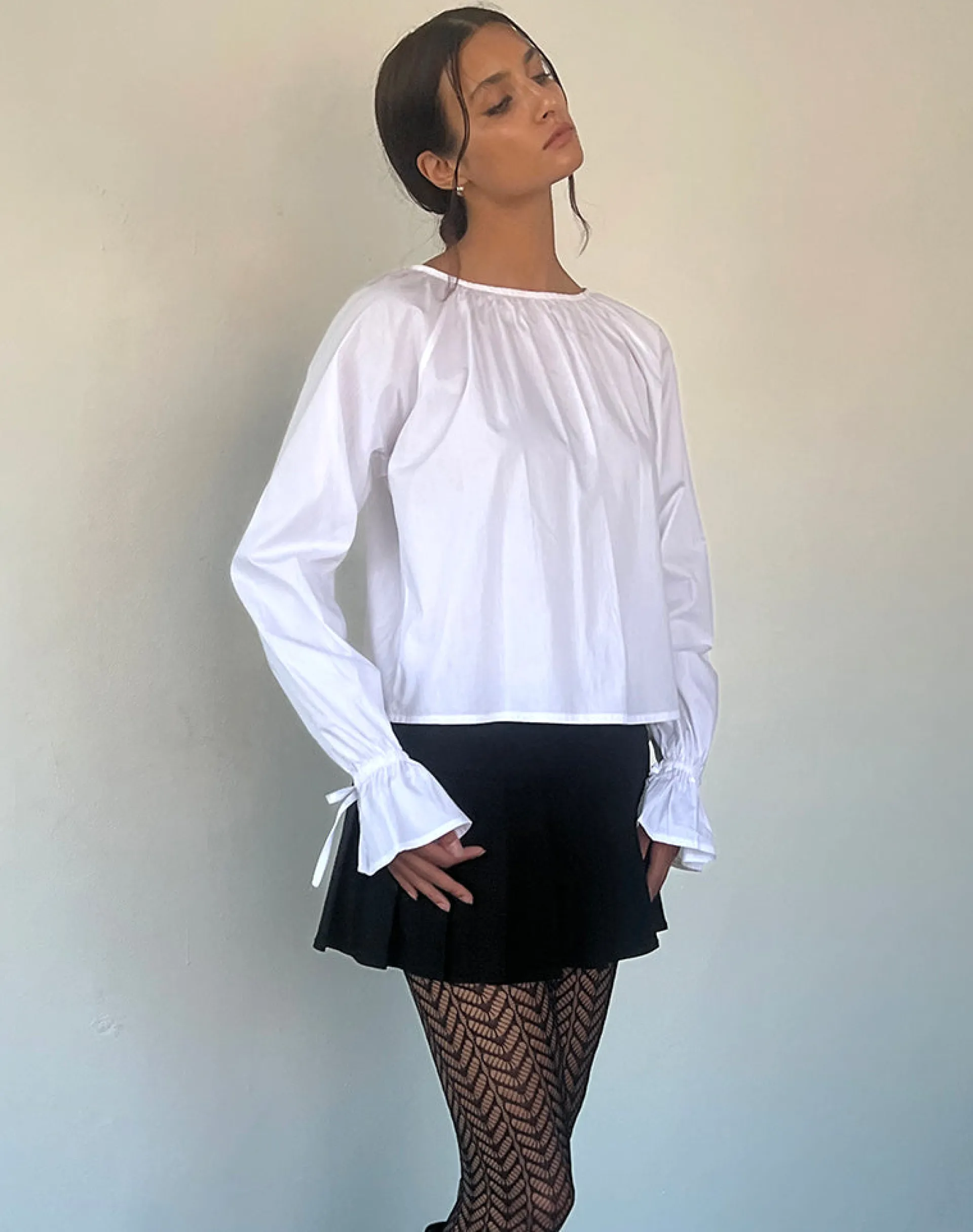 Motel Rocks Shirts And Blouses | Long Sleeve Tops-Bulila Tie Sleeve Blouse in White Poplin