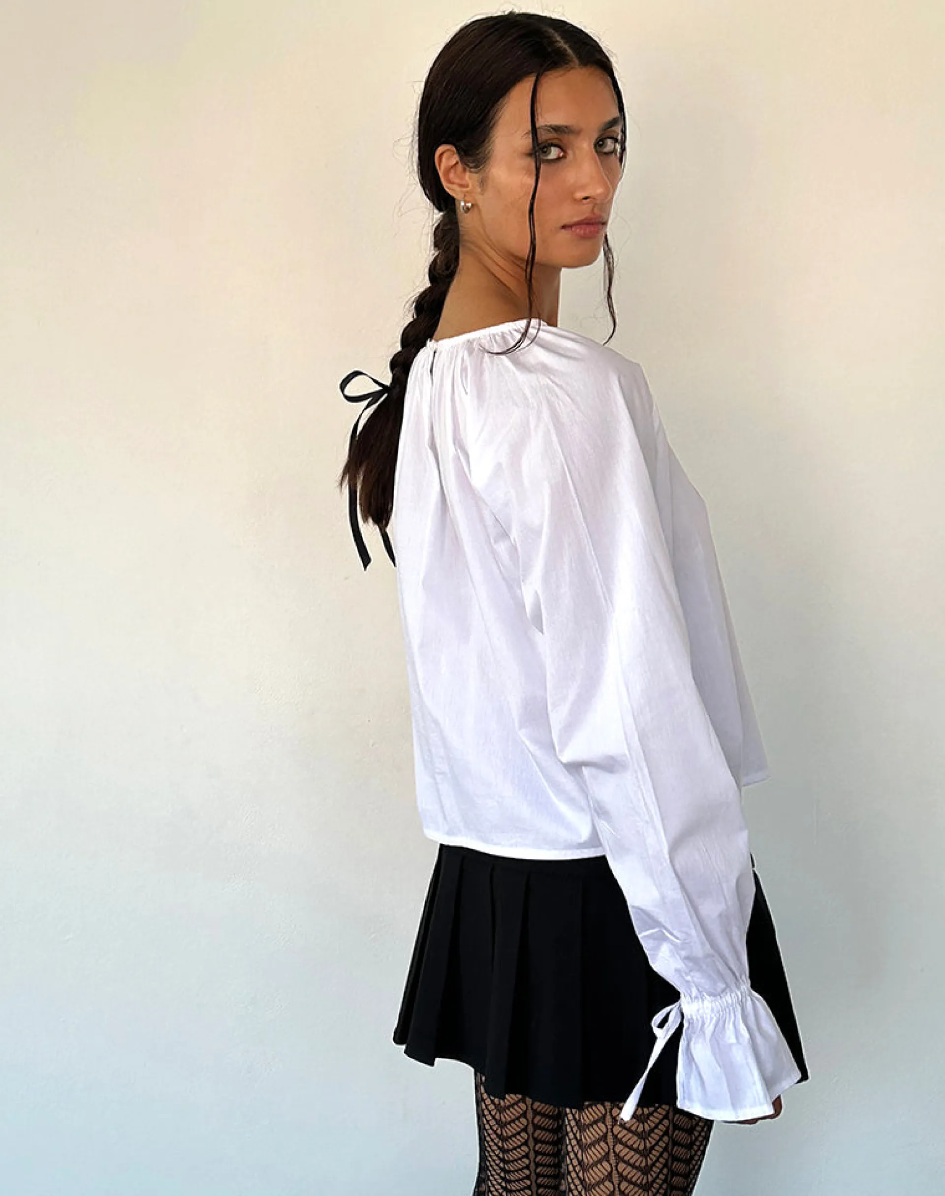 Motel Rocks Shirts And Blouses | Long Sleeve Tops-Bulila Tie Sleeve Blouse in White Poplin