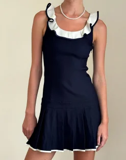 Motel Rocks Day Dresses | Party Dresses-Busari Frill Neck Mini Dress in Navy
