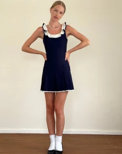 Motel Rocks Day Dresses | Party Dresses-Busari Frill Neck Mini Dress in Navy