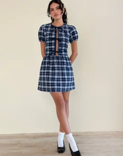 Motel Rocks Tailoring | Day Dresses-Byan Tie Front Dress in Tartan Dark Blue