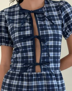 Motel Rocks Tailoring | Day Dresses-Byan Tie Front Dress in Tartan Dark Blue