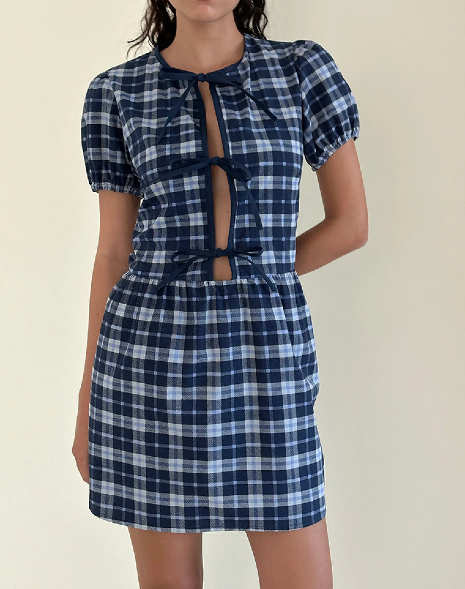 Motel Rocks Tailoring | Day Dresses-Byan Tie Front Dress in Tartan Dark Blue