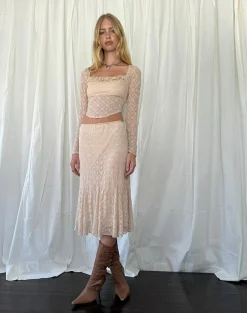 Motel Rocks Long Sleeve Tops | Lace Tops-Caelyn Long Sleeve Top in Textured Nude Lace