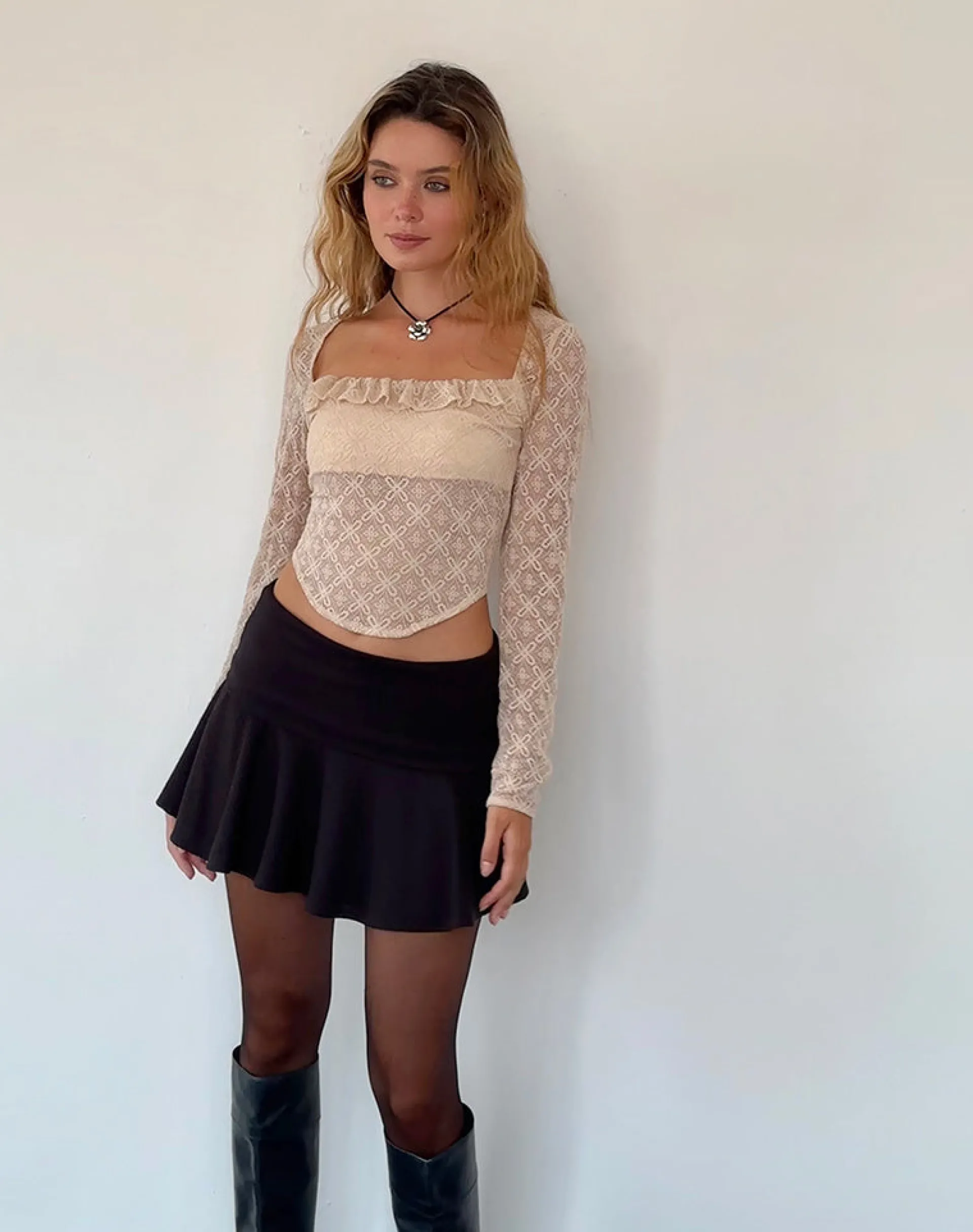 Motel Rocks Long Sleeve Tops | Lace Tops-Caelyn Long Sleeve Top in Textured Nude Lace