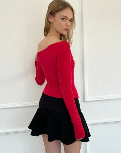 Motel Rocks Long Sleeve Tops-Cairo One Shoulder Long Sleeve Top in Red