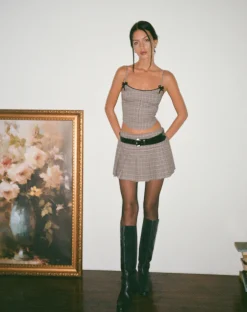 Motel Rocks Tailoring | Printed Tops-Calida Corset Top in Micro Check Brown
