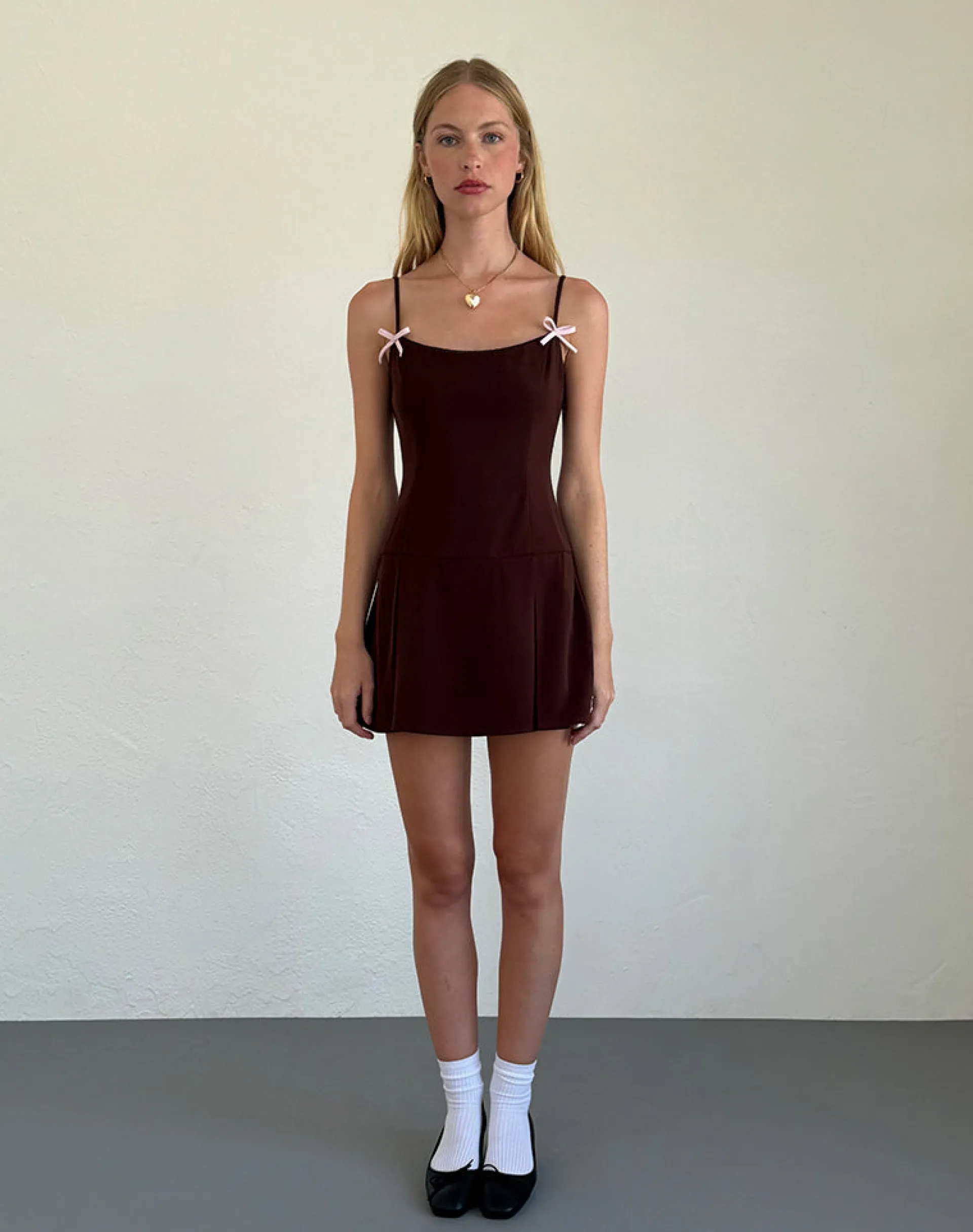 Motel Rocks Day Dresses | Bodycon Dresses-Calilia Cami Dress in Bitter Chocolate with Pink Bows