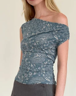 Motel Rocks Printed Tops | Going Out Tops-Calypso Top in Blue Ornate Print Lycra BlueOrnatePrintLycra