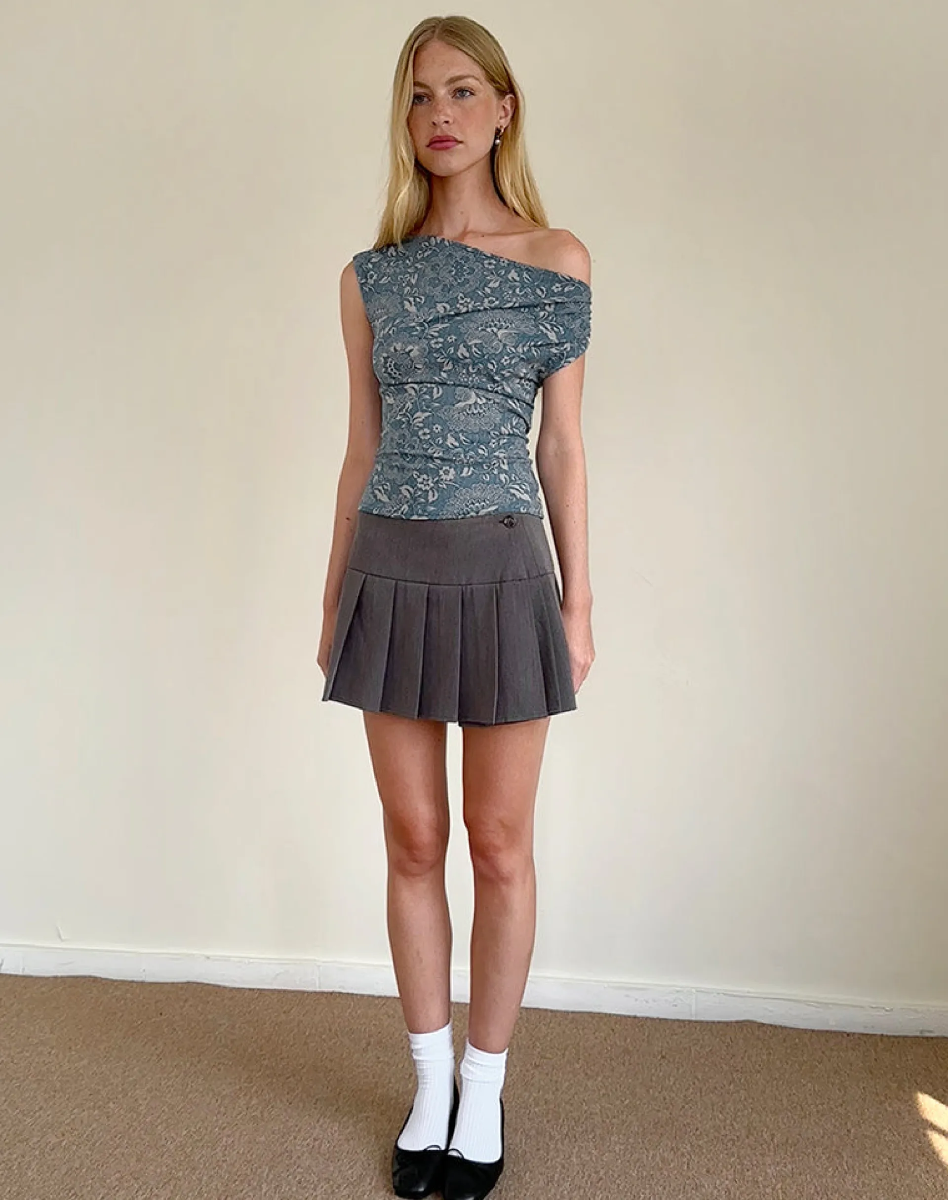 Motel Rocks Printed Tops | Going Out Tops-Calypso Top in Blue Ornate Print Lycra BlueOrnatePrintLycra