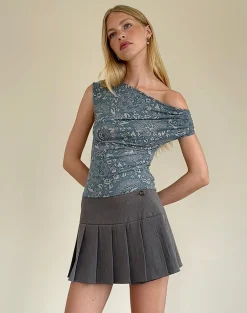Motel Rocks Printed Tops | Going Out Tops-Calypso Top in Blue Ornate Print Lycra BlueOrnatePrintLycra