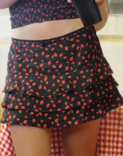 Motel Rocks Printed Skirts | Mini Skirts-Camigi Mini Skirt in Strawberry Polka Black StrawberryPolkaBlack