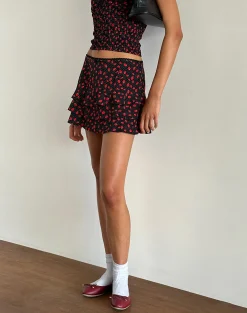 Motel Rocks Printed Skirts | Mini Skirts-Camigi Mini Skirt in Strawberry Polka Black StrawberryPolkaBlack
