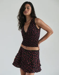 Motel Rocks Printed Skirts | Mini Skirts-Camigi Mini Skirt in Strawberry Polka Black StrawberryPolkaBlack