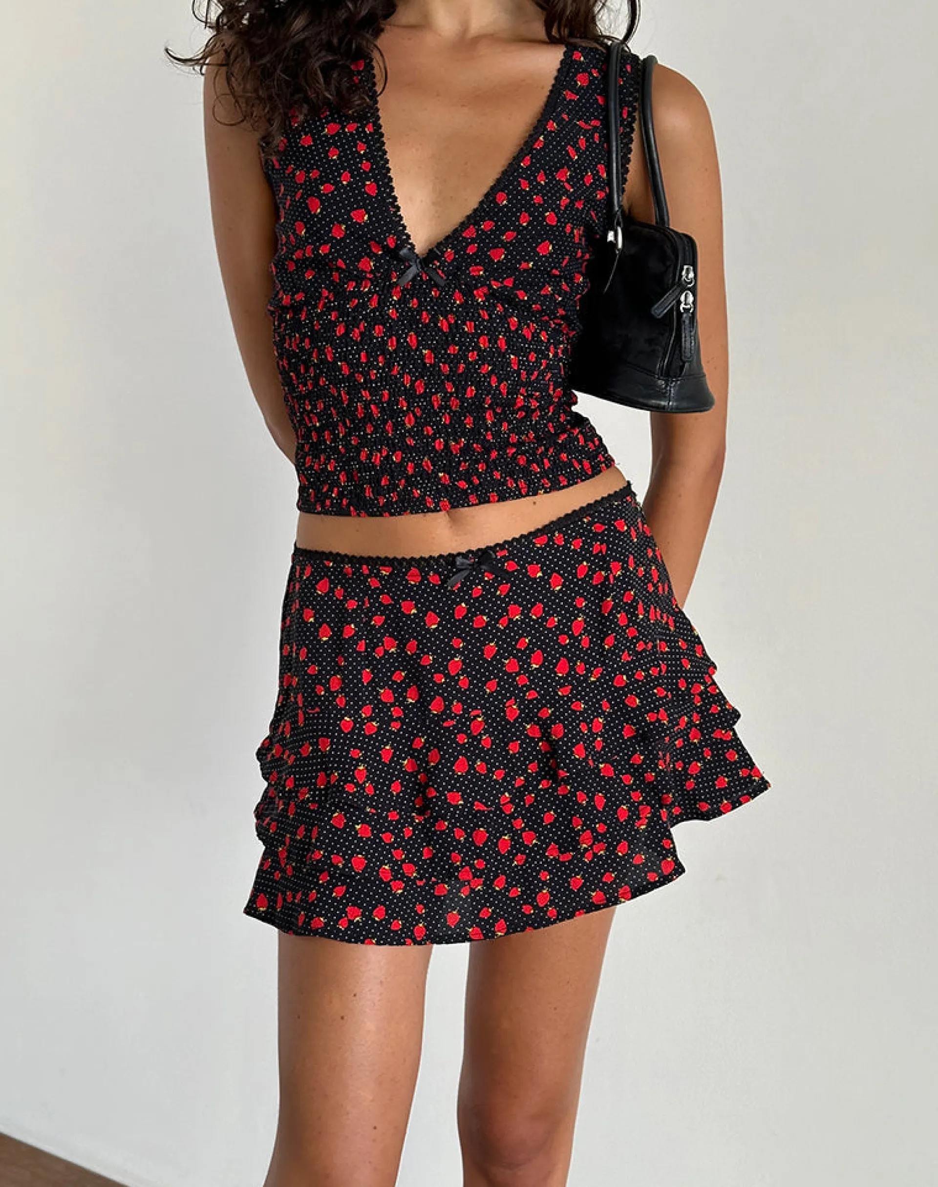 Motel Rocks Printed Skirts | Mini Skirts-Camigi Mini Skirt in Strawberry Polka Black StrawberryPolkaBlack