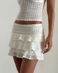 Motel Rocks Co-Ords | Mini Skirts-Camigo Mini Skirt in Ivory Heart Lace ivoryheartlace