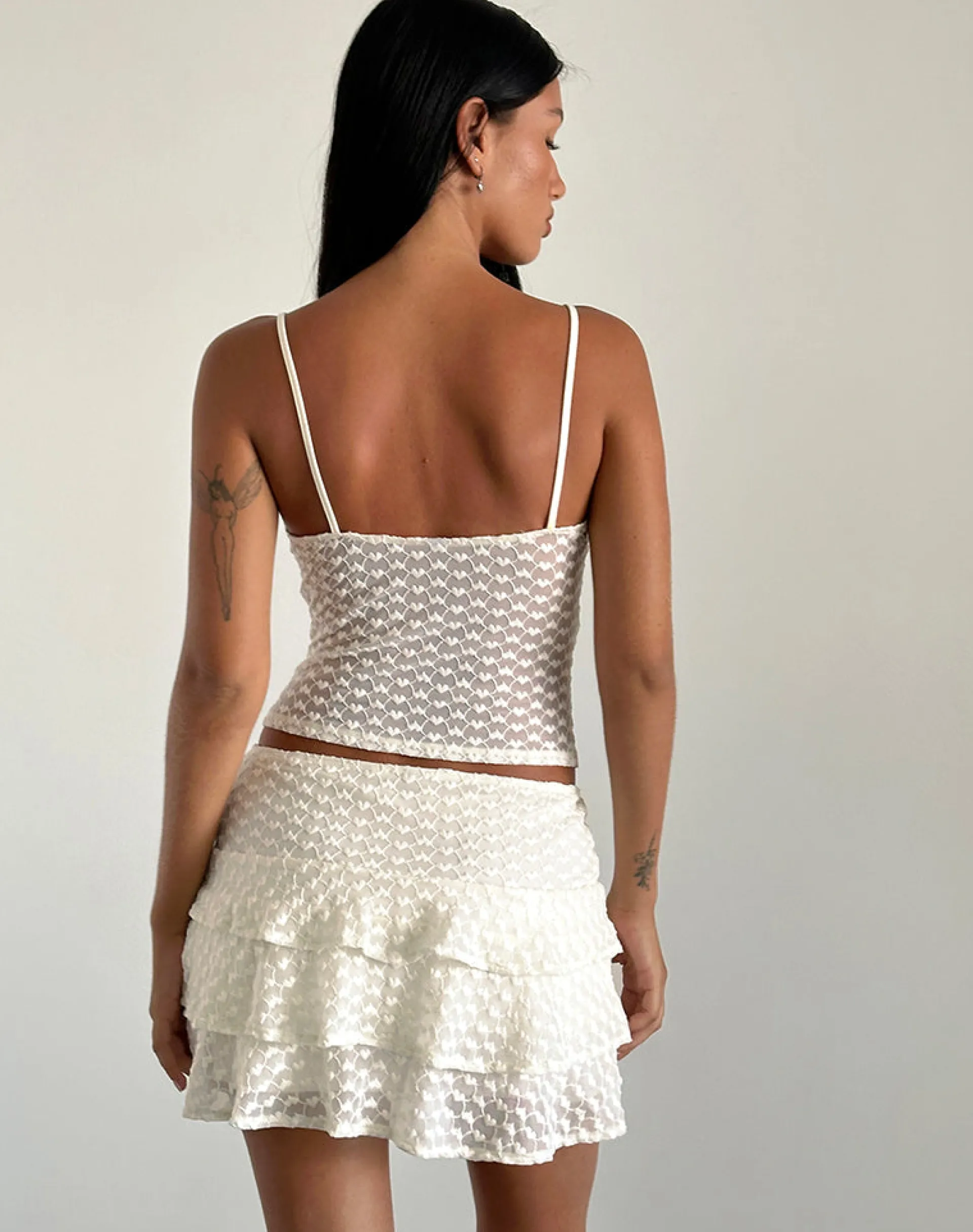 Motel Rocks Co-Ords | Mini Skirts-Camigo Mini Skirt in Ivory Heart Lace ivoryheartlace