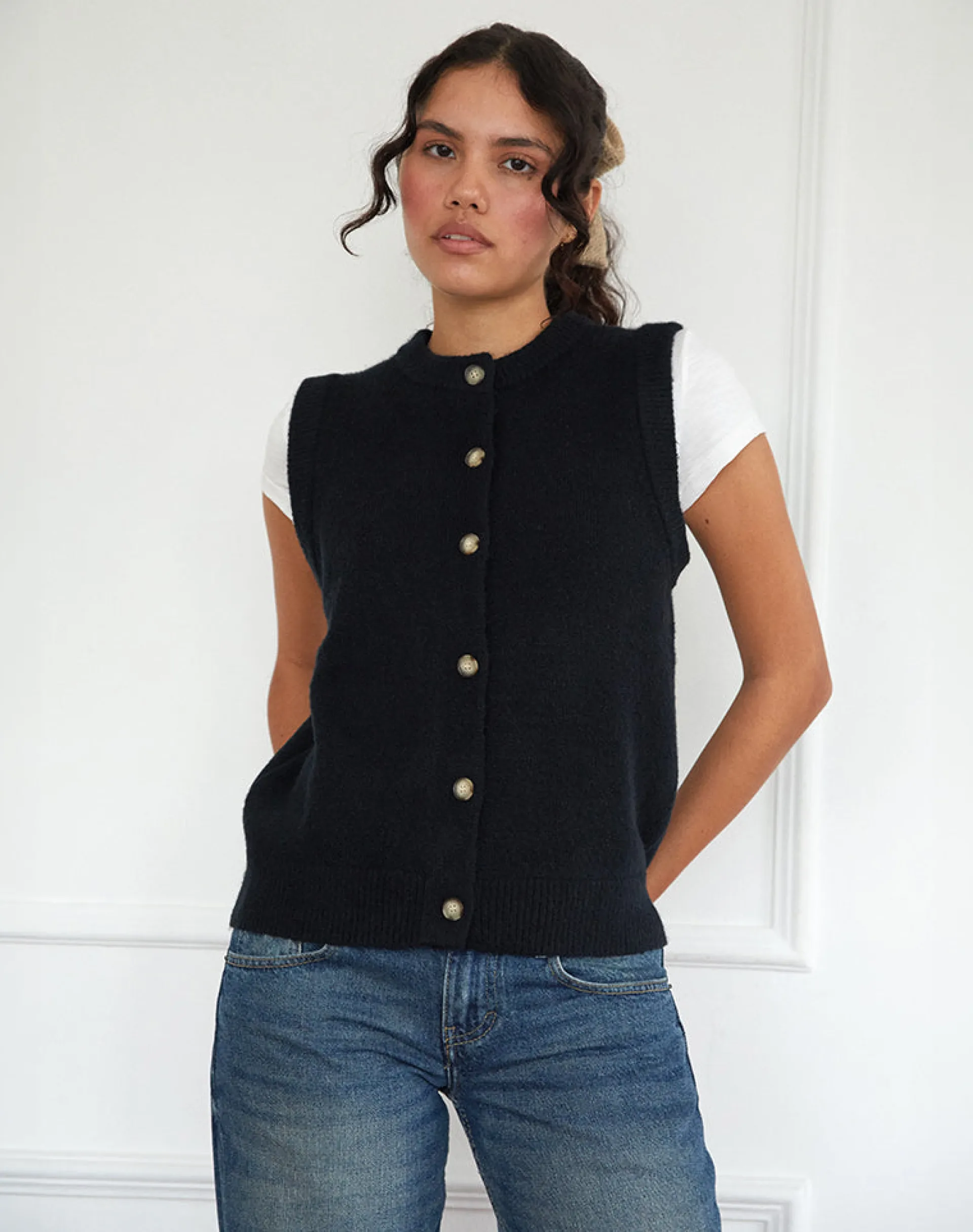 Motel Rocks Vest Tops-Camira Knitted Button Through Vest in Black