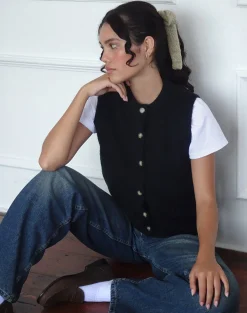 Motel Rocks Vest Tops-Camira Knitted Button Through Vest in Black
