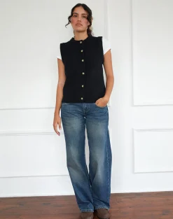 Motel Rocks Vest Tops-Camira Knitted Button Through Vest in Black