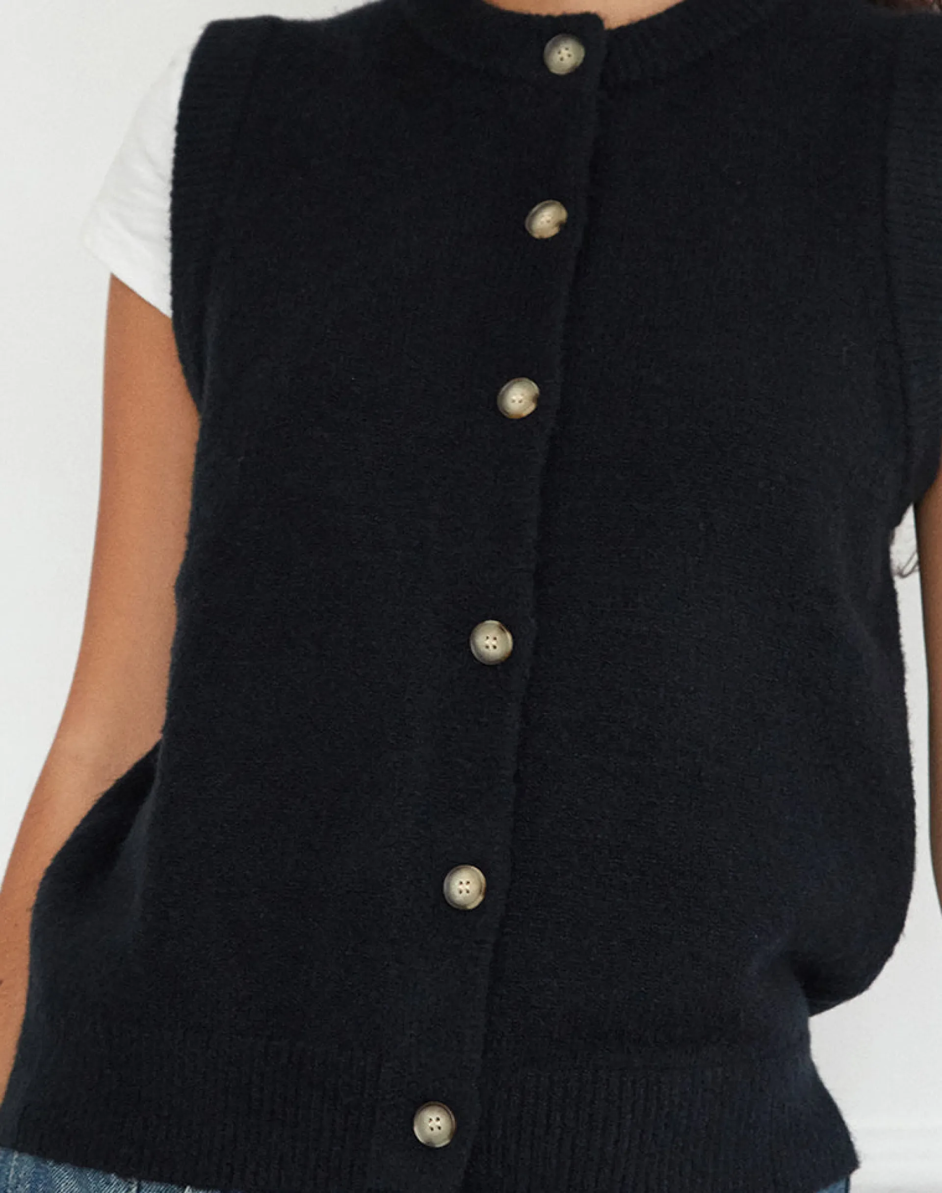 Motel Rocks Vest Tops-Camira Knitted Button Through Vest in Black