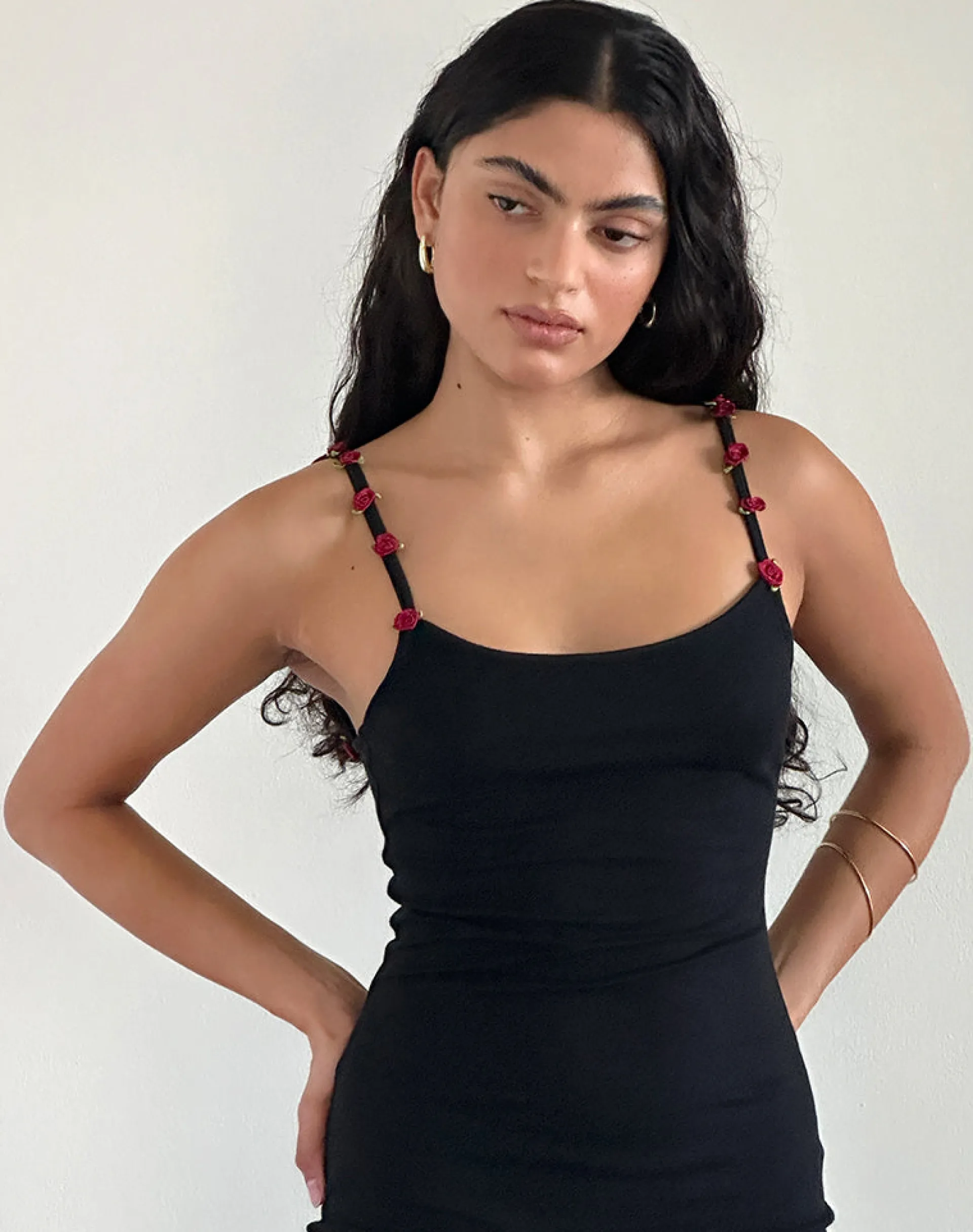 Motel Rocks Day Dresses | Bodycon Dresses-Cantana Maxi Dress in Black with Red Rosette BlackwithRedRosette