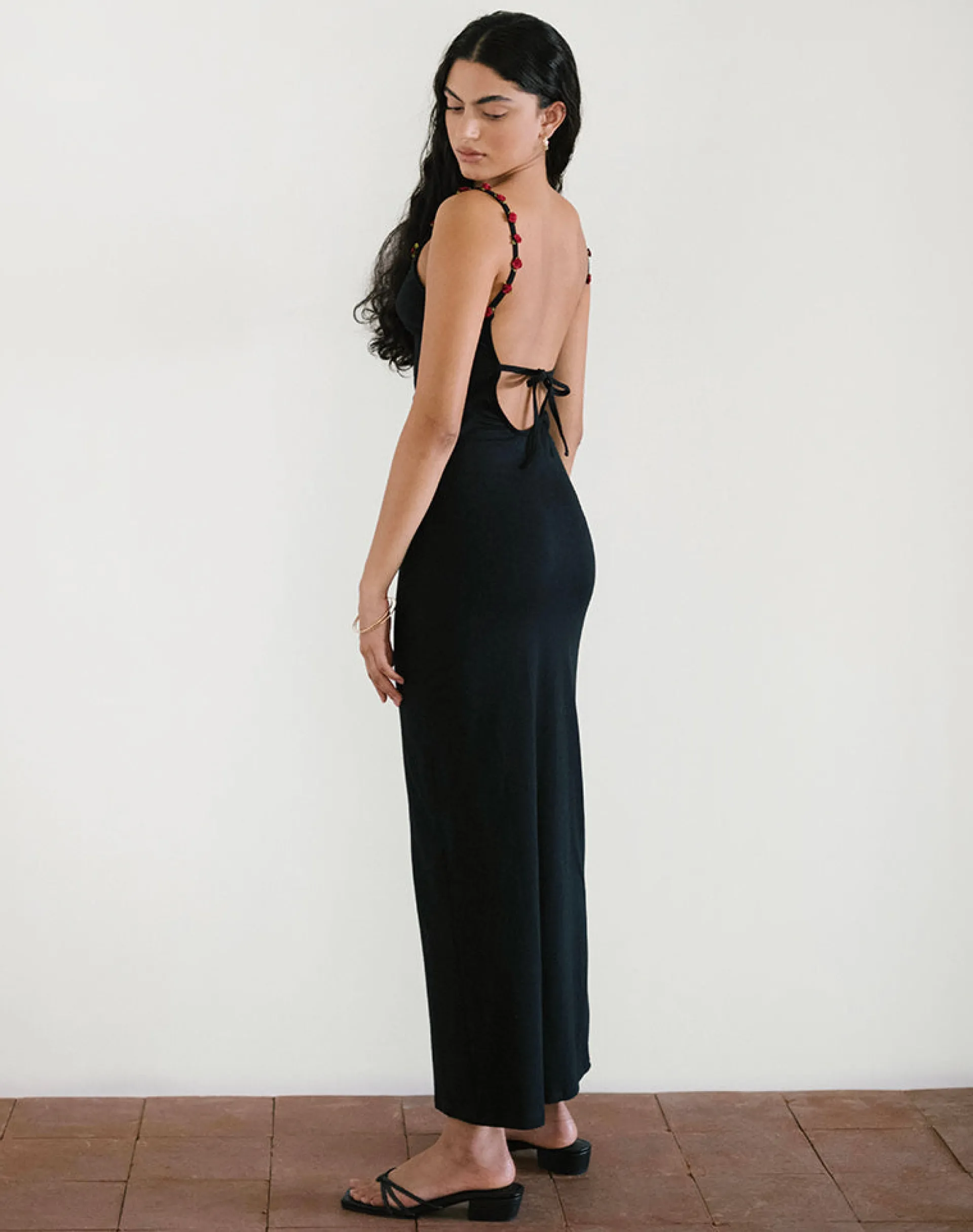 Motel Rocks Day Dresses | Bodycon Dresses-Cantana Maxi Dress in Black with Red Rosette BlackwithRedRosette