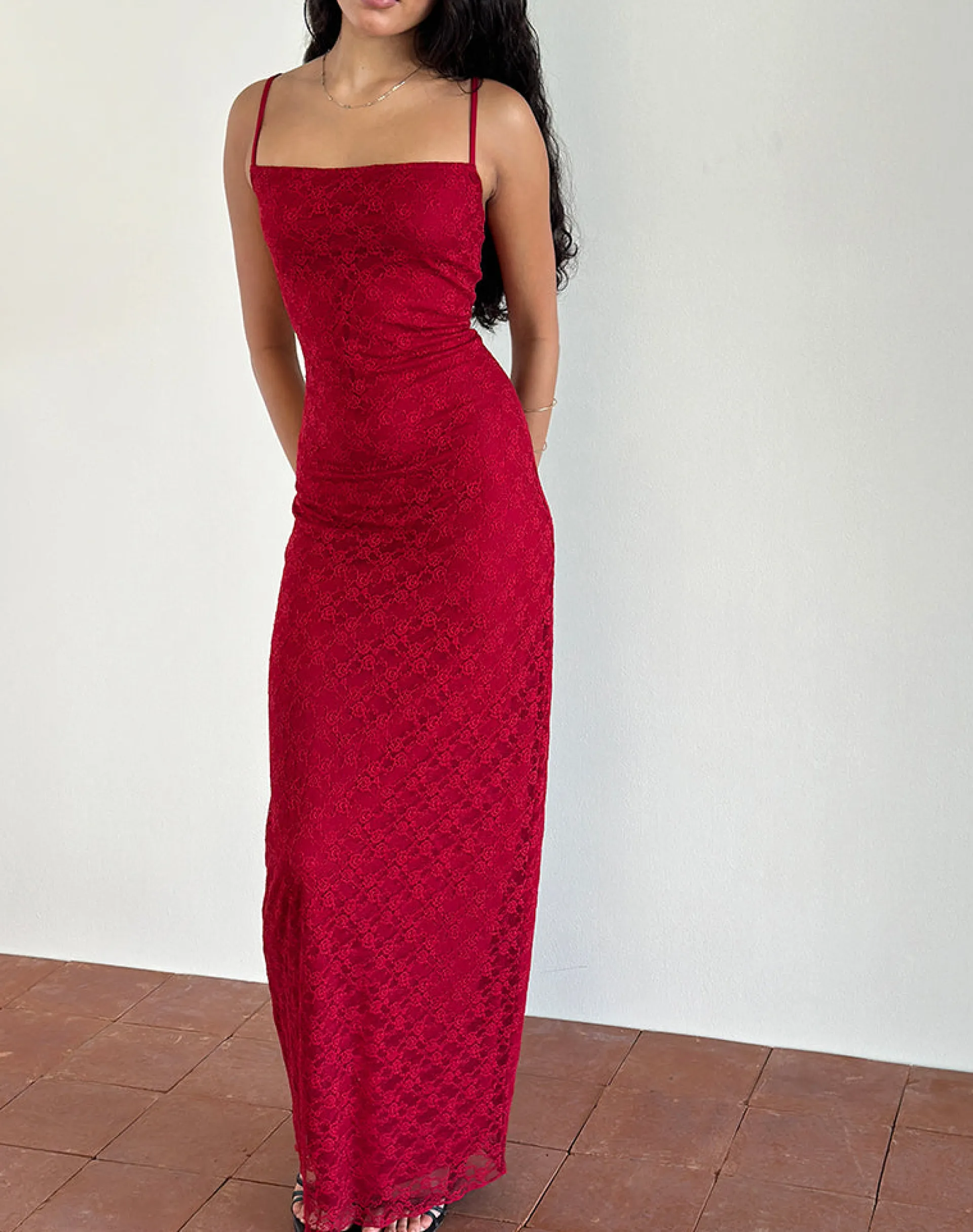 Motel Rocks Bodycon Dresses | Party Dresses-Cantha Maxi Dress in Mari Lace Red MariLaceRed