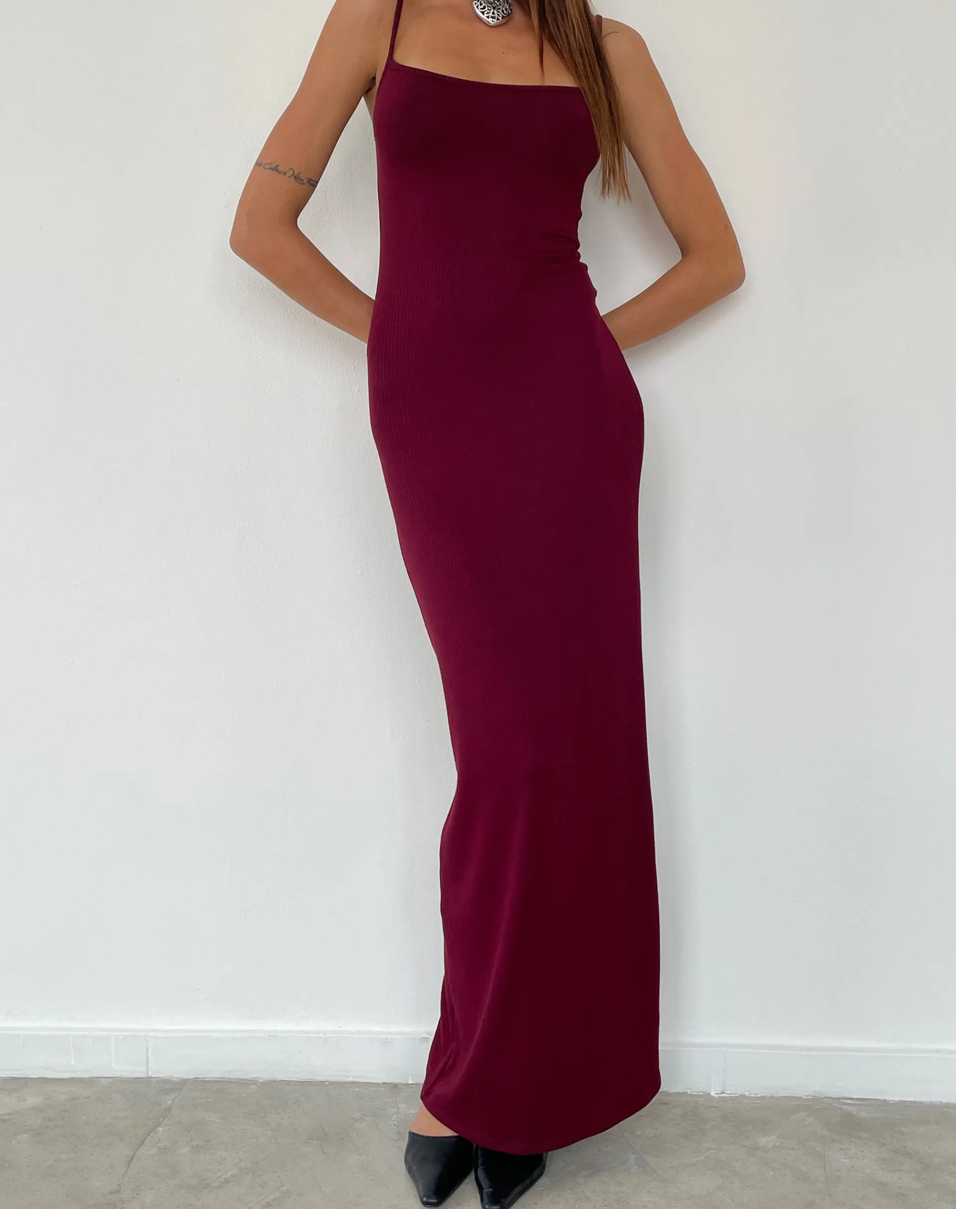 Motel Rocks Day Dresses | Bodycon Dresses-Cantha Maxi Dress in Rib Burgundy RibBurgundy