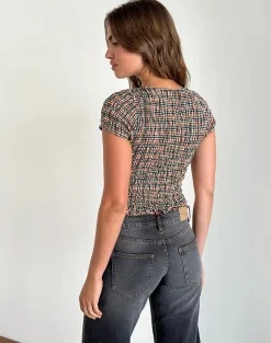 Motel Rocks Printed Tops-Caripa Shirred Top in Country Check