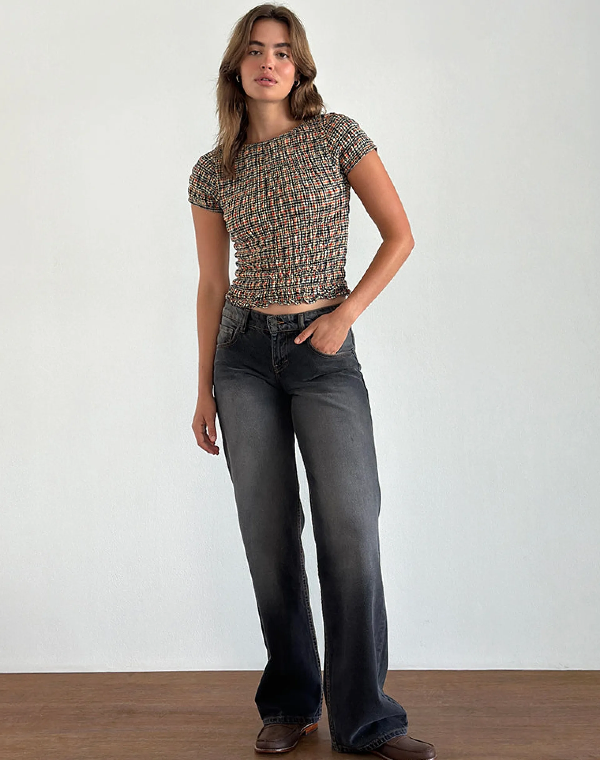 Motel Rocks Printed Tops-Caripa Shirred Top in Country Check