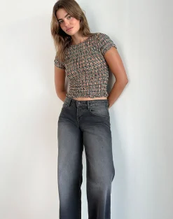 Motel Rocks Printed Tops-Caripa Shirred Top in Country Check