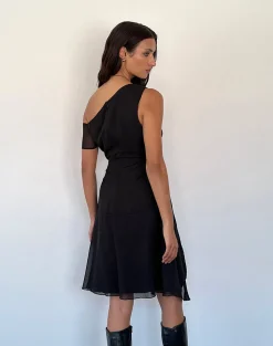 Motel Rocks Little Black Dresses | Midi Dresses-Carissa One Shoulder Chiffon Midi Dress in Black