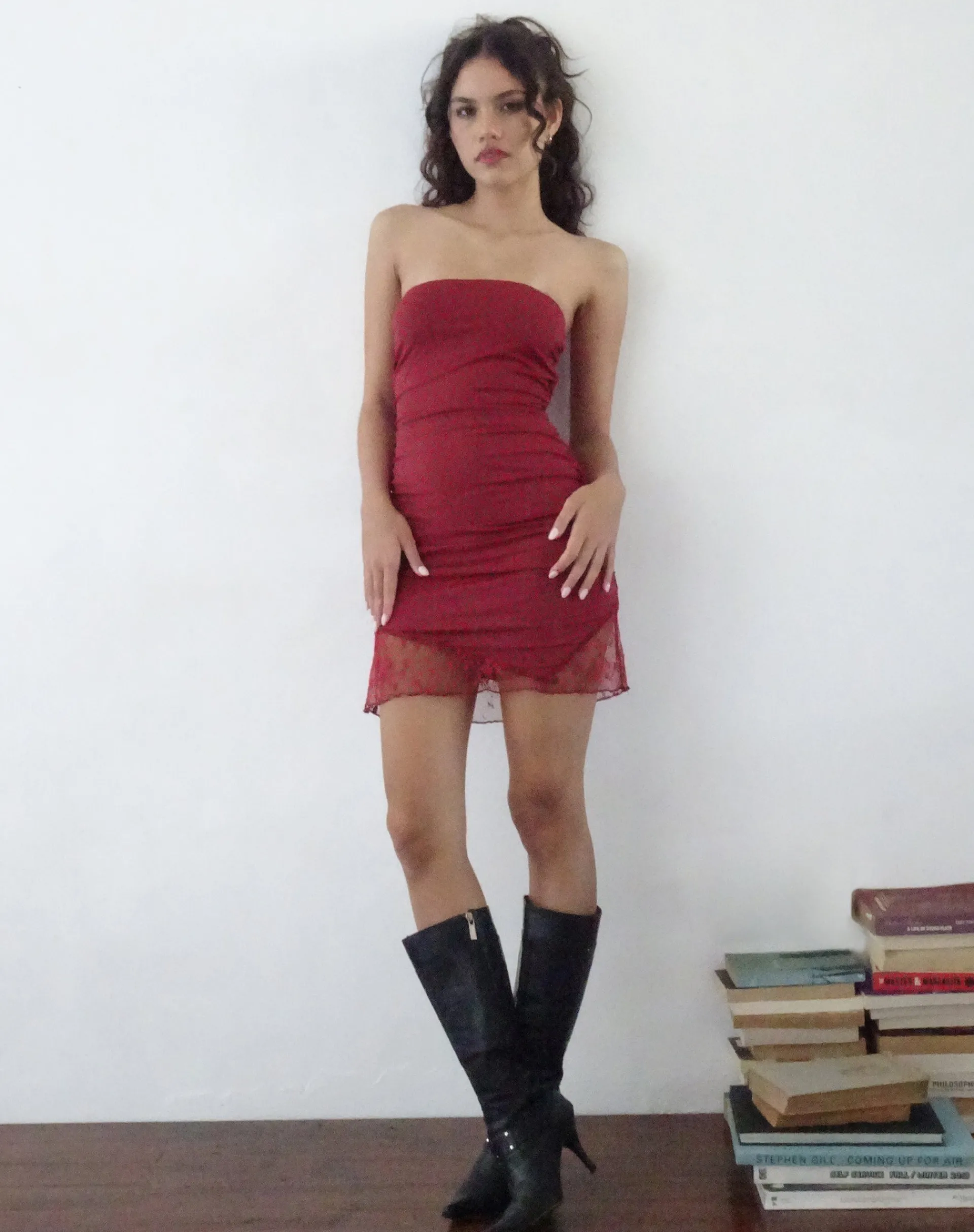 Motel Rocks Bandeau Dresses | Bodycon Dresses-Carlie Bandeau Mini Dress in Dark Cherry DarkCherry