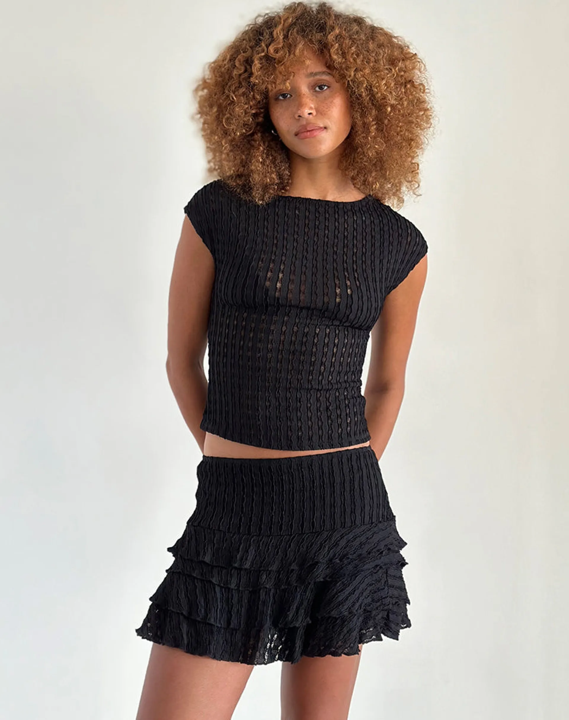 Motel Rocks Co-Ords | A Line Skirts-Carlota Mini Skirt In Crinkle Jet Black CrinkleJetBlack