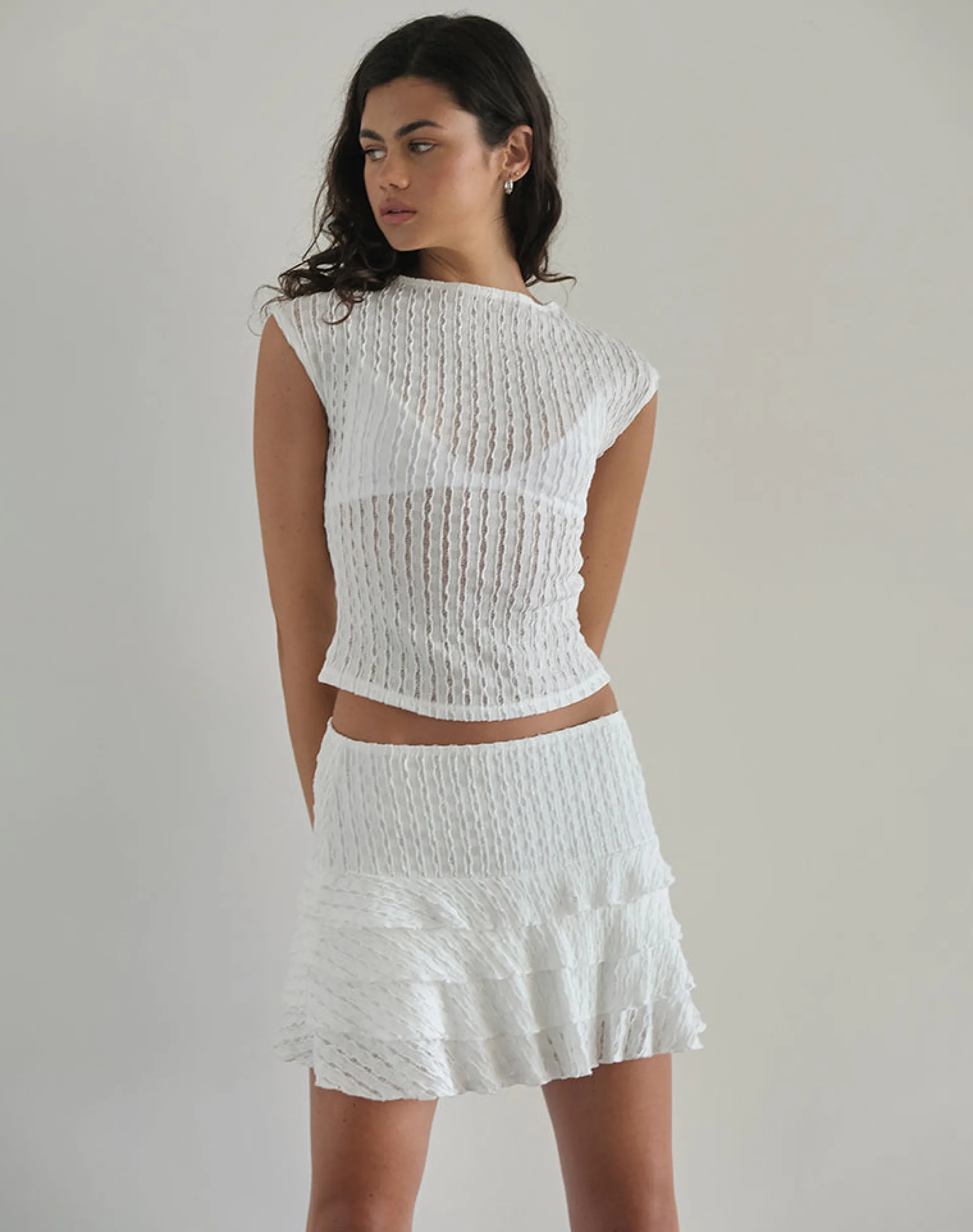 Motel Rocks Co-Ords | Mini Skirts-Carlota Mini Skirt in Crinkle White CrinkleWhite