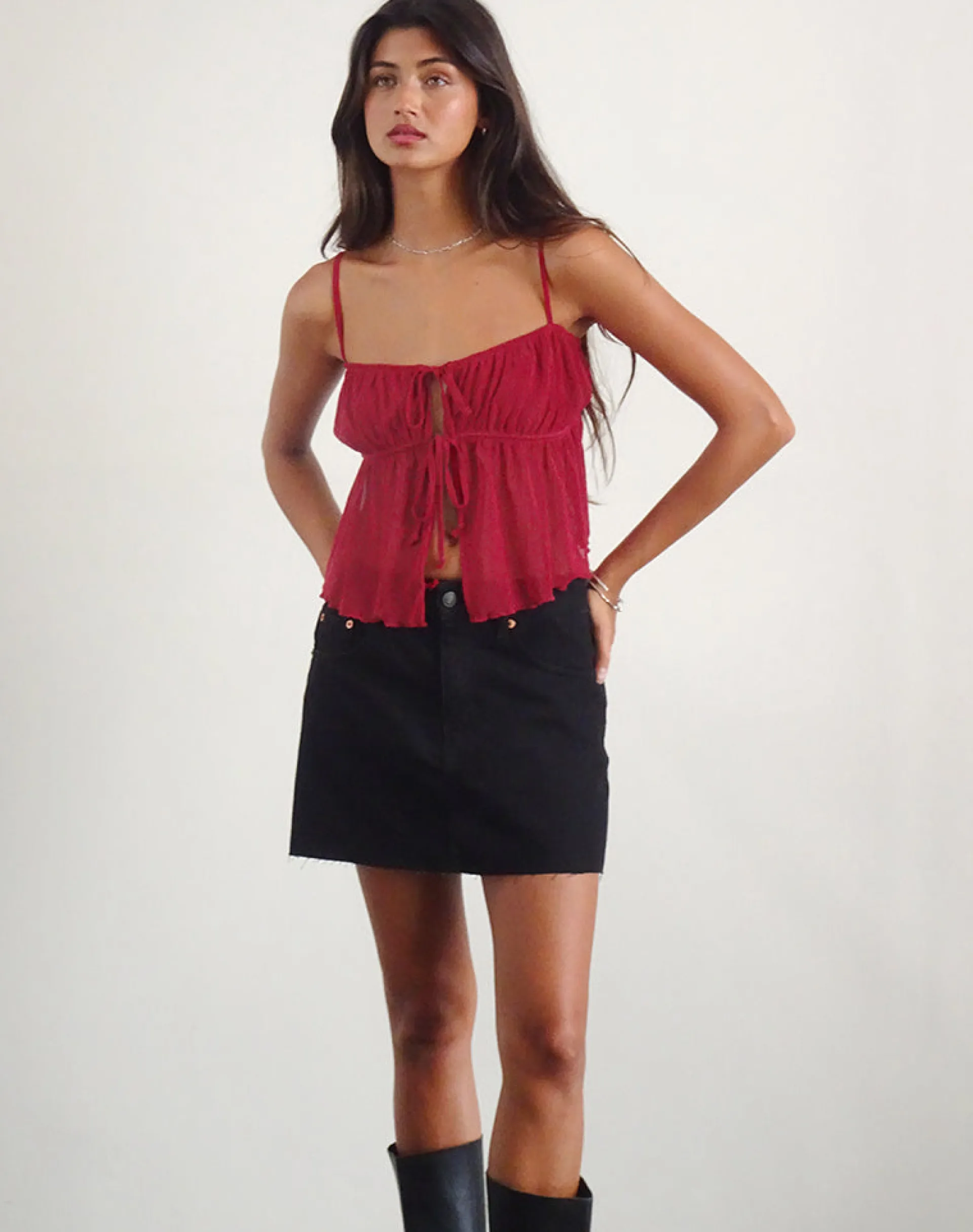 Motel Rocks Strappy Tops | Going Out Tops-Carmina Cami Top in Mesh Cherry MeshCherry