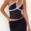 Motel Rocks Basic Tops | Strappy Tops-Carolina One Shoulder Top in Black with Pink Lace BlackwithPinkLace