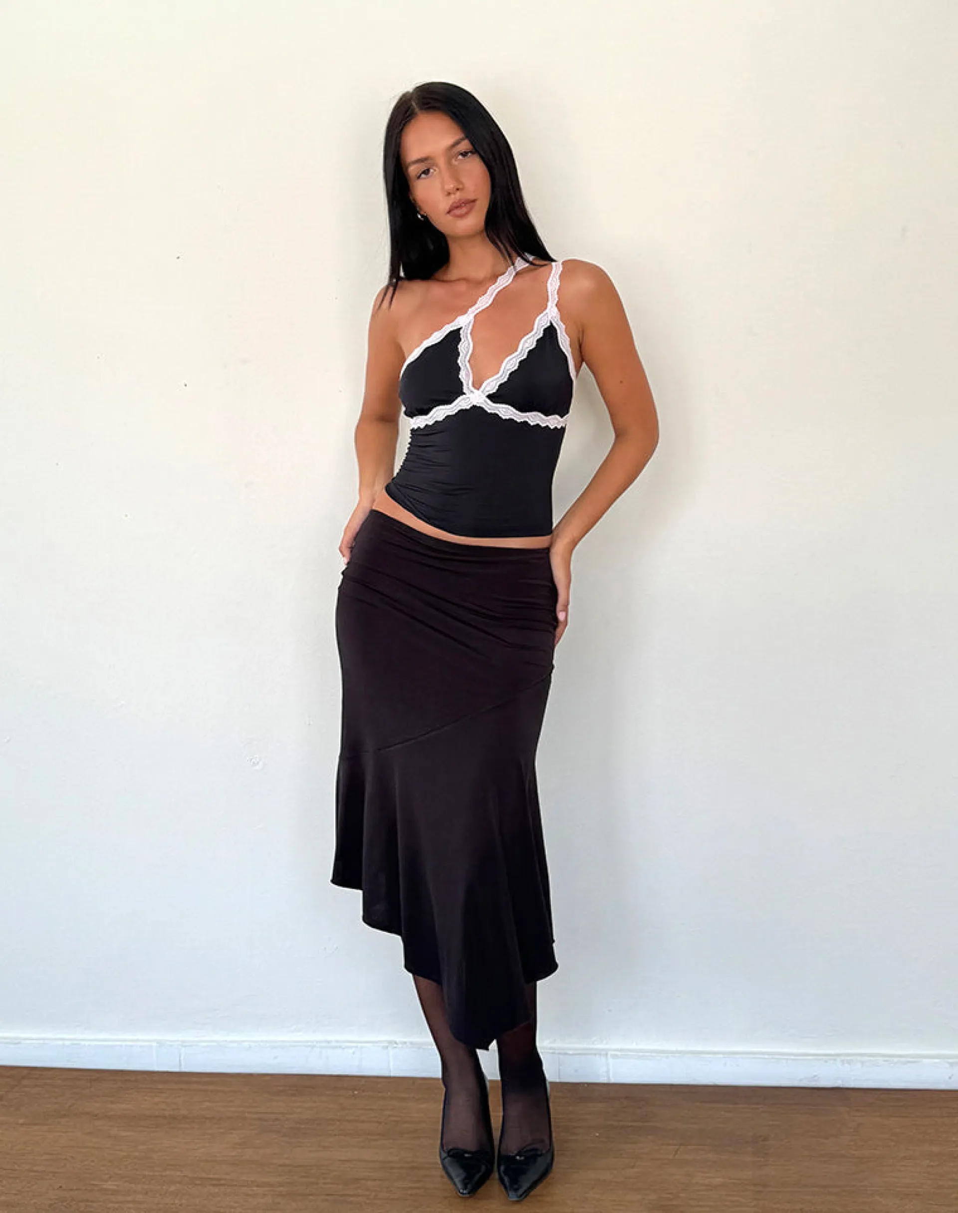 Motel Rocks Basic Tops | Strappy Tops-Carolina One Shoulder Top in Black with Pink Lace BlackwithPinkLace
