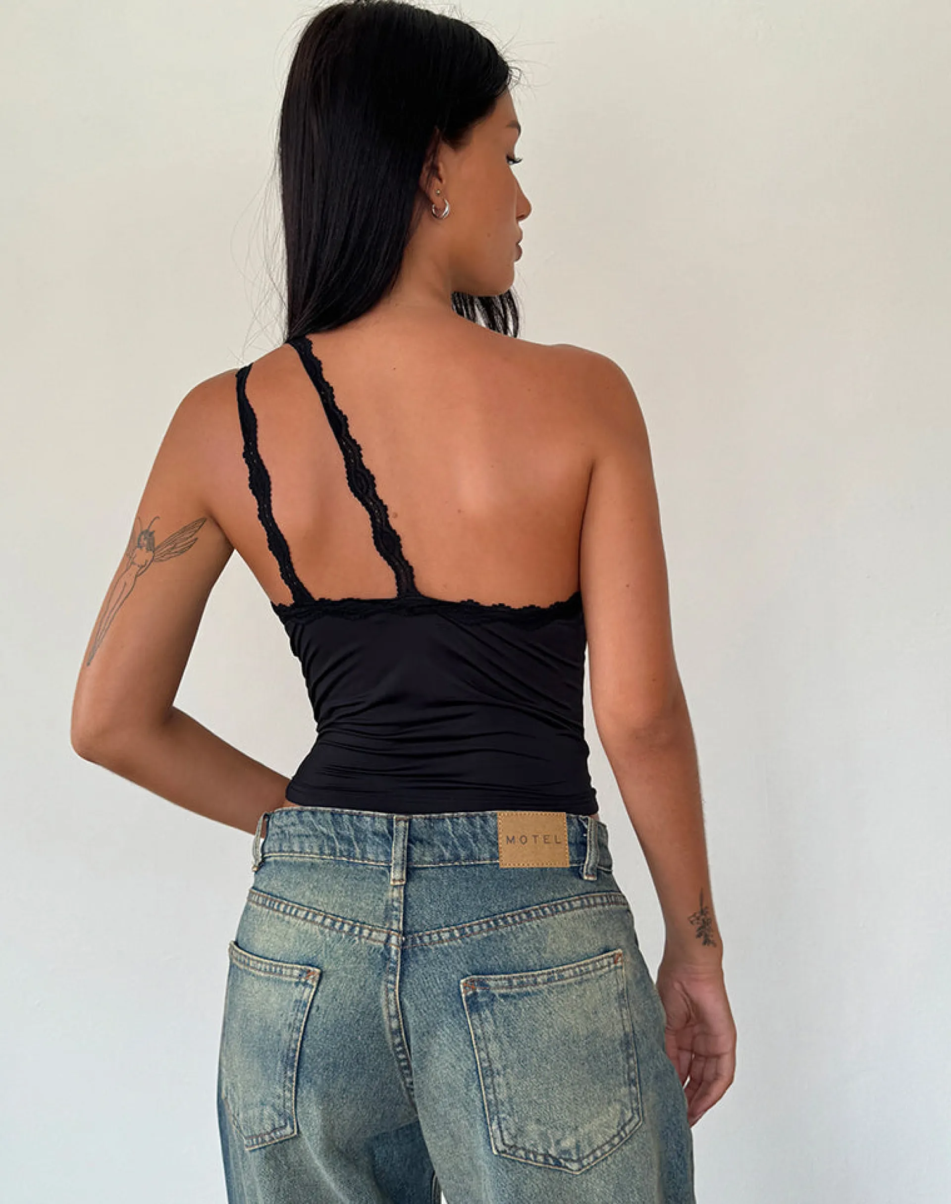 Motel Rocks Basic Tops | Lace Tops-Carolina One Shoulder Top in Black