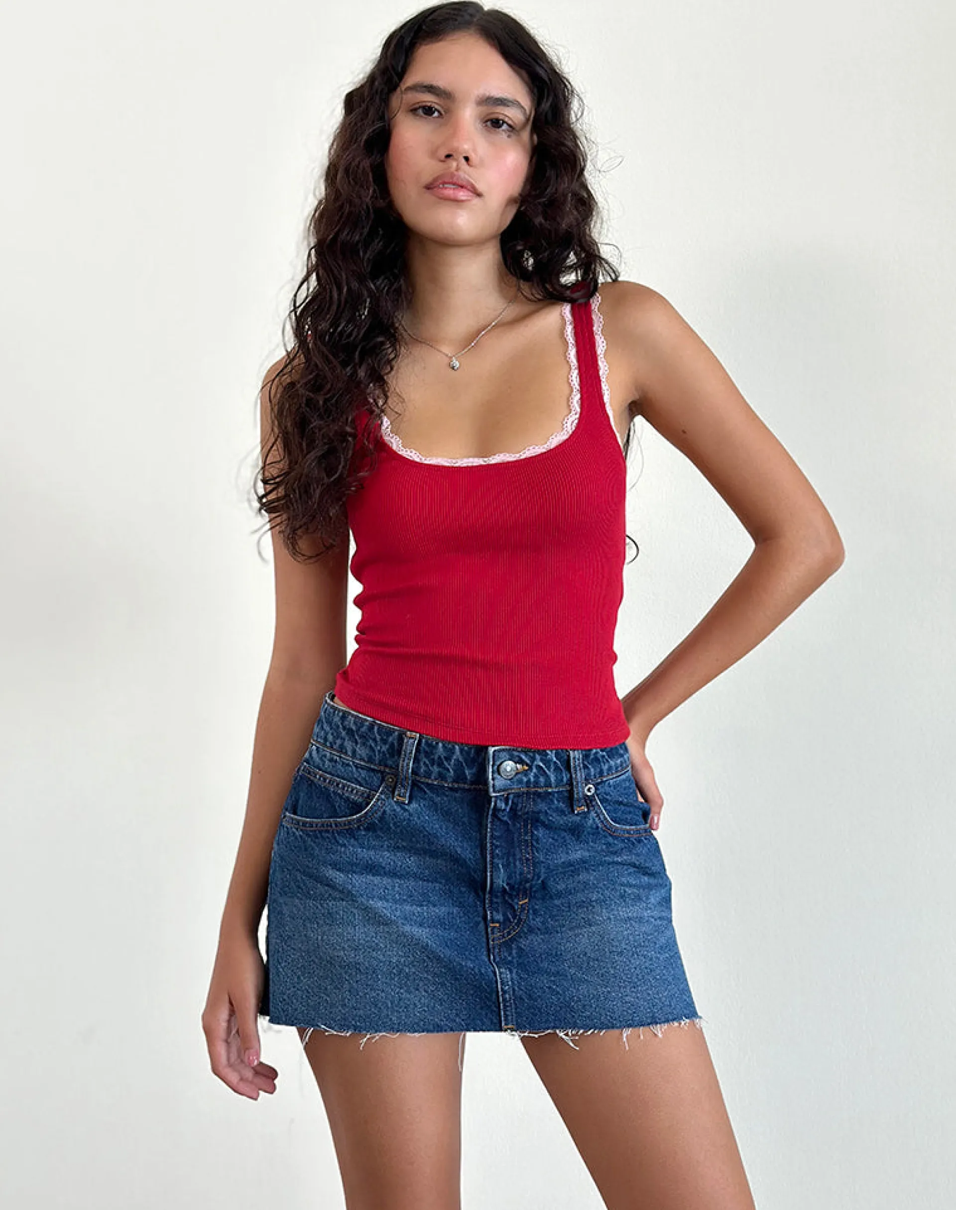 Motel Rocks Basic Tops | Vest Tops-Cartas Top in Adrenaline Red with Pink Lace