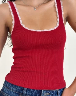 Motel Rocks Basic Tops | Vest Tops-Cartas Top in Adrenaline Red with Pink Lace