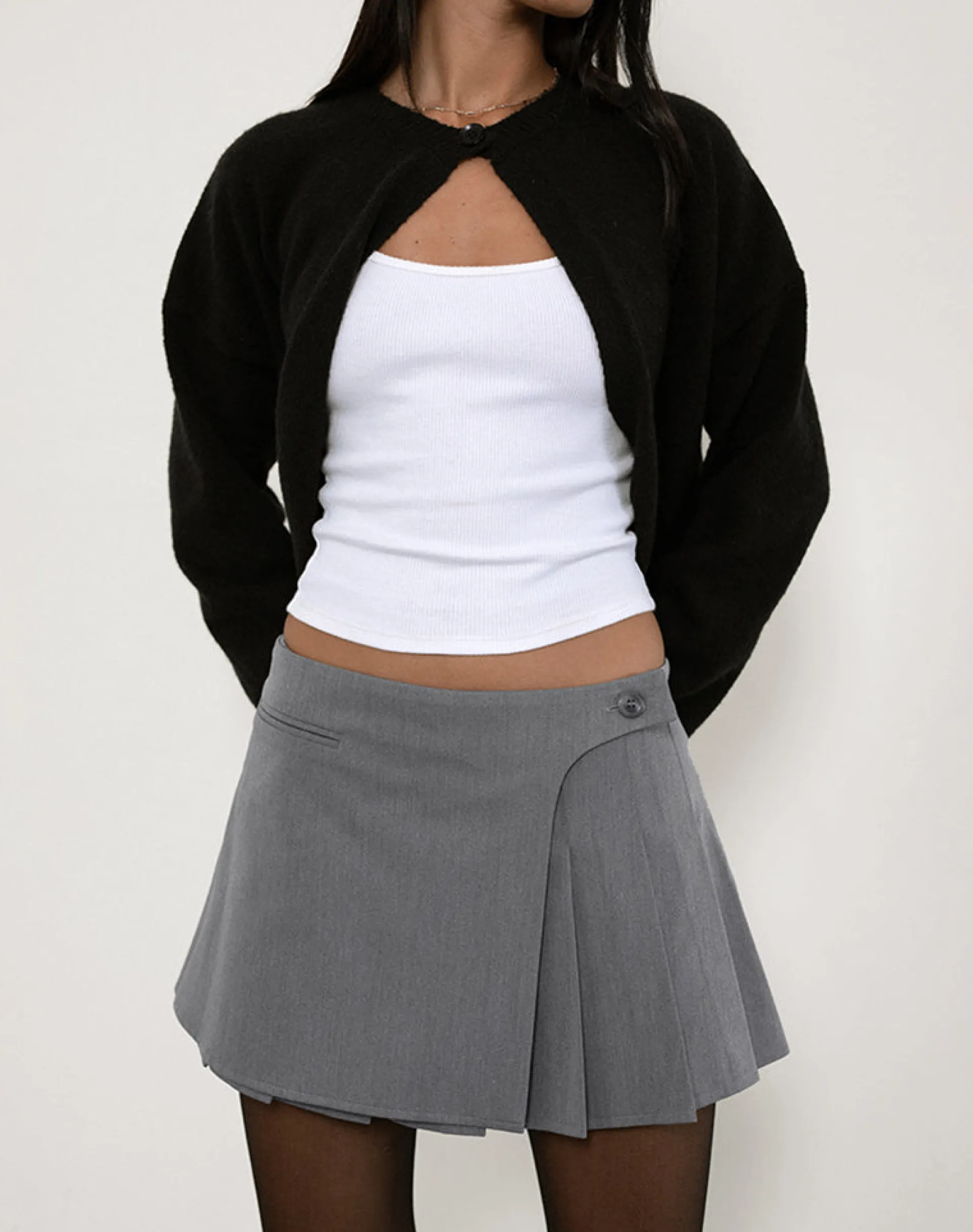 Motel Rocks Tailoring | Pleated Skirts-Carwita Panel Wrap Mini Skirt in Charcoal